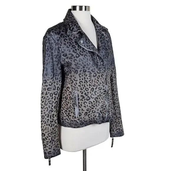 New Mauritius Vicki Leopard Print Leather Moto Jacket $350 Size 10